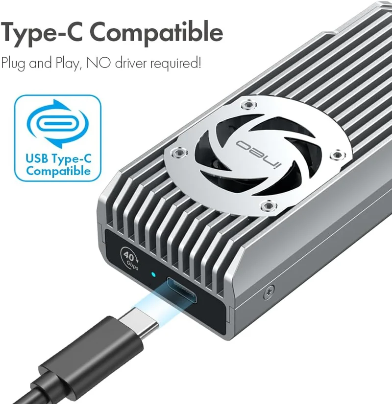 ineo USB 4.0 M.2 NVMe SSD-Gehäuse mit integriertem Lüfter – kompatibel mit Thunderbolt 3/4 & USB 4/3