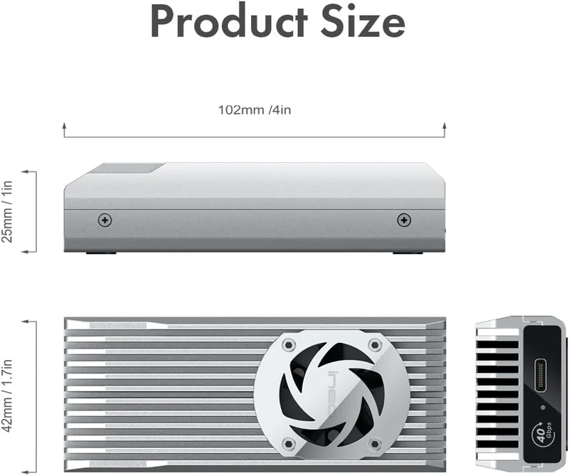 ineo USB 4.0 M.2 NVMe SSD-Gehäuse mit integriertem Lüfter – kompatibel mit Thunderbolt 3/4 & USB 4/3