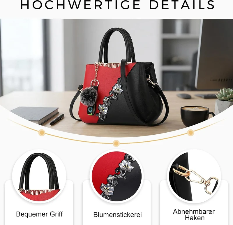 VARLIVOO Handtasche Damen Mittelgross Elegant Taschen mit Blumenstickerei Leader PU Henkeltasche Fra