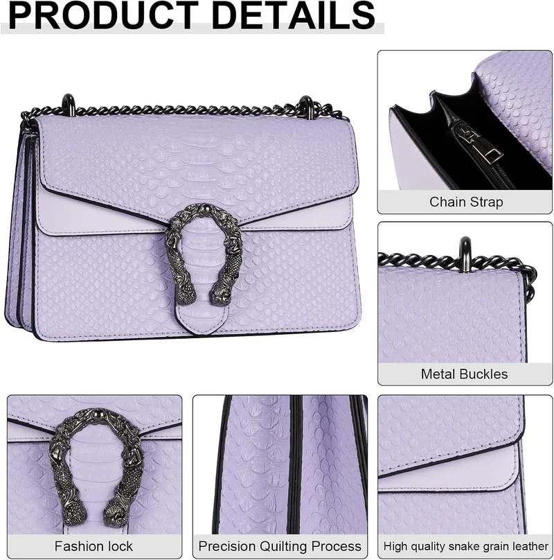 Aiqudou Crossbody Handtasche und Umhängetasche für Frauen - Fashion Snake Print Kette Geldbörse Luxu