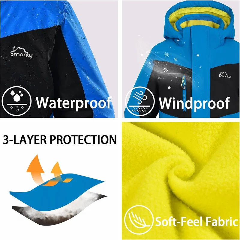 Kinder Schneeanzug für Jungen, Winter-Skijacke & Hose, Set Kapuzenriemen, Winddicht, Wasserdicht, Wa