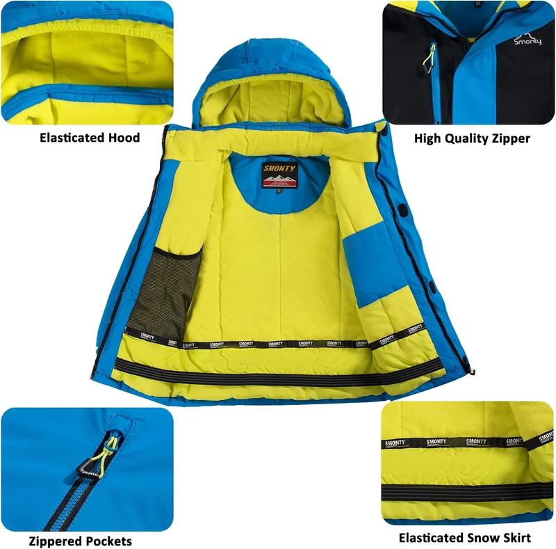 Kinder Schneeanzug für Jungen, Winter-Skijacke & Hose, Set Kapuzenriemen, Winddicht, Wasserdicht, Wa