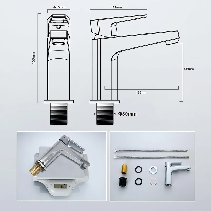 Florenta Wasserhahn Bad Messing Einhebel-Waschtischarmatur mit 50cm Anschluss, Chrom Einhandmischer