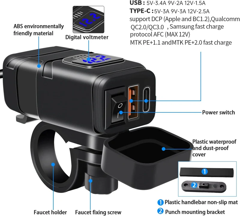 Motorrad USB Ladebuchse Wasserdicht mit Schalter, PD3.0 30W & QC3.0 18WUSB Motorrad Steckdose, Auto