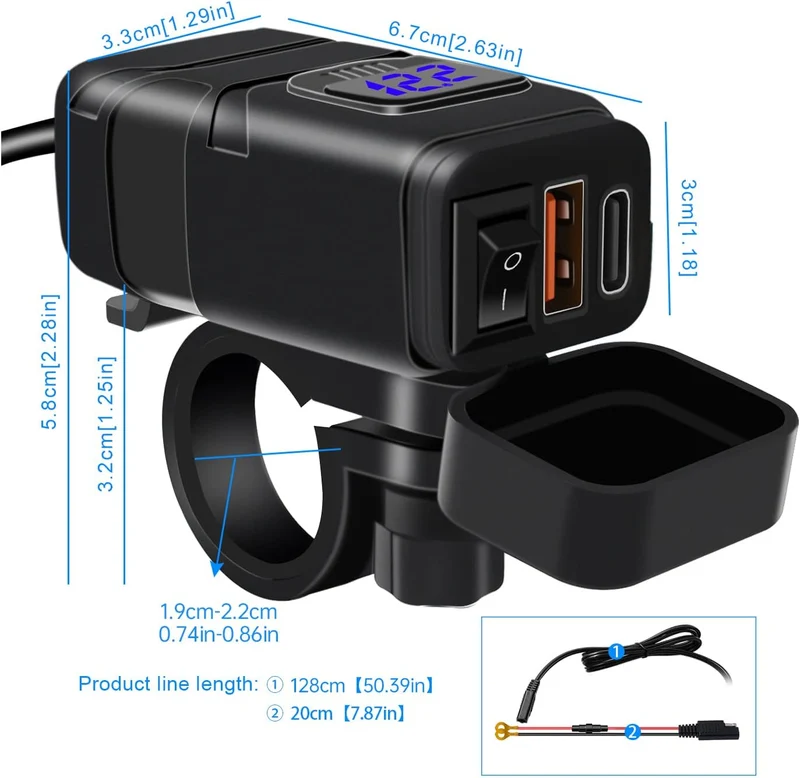 Motorrad USB Ladebuchse Wasserdicht mit Schalter, PD3.0 30W & QC3.0 18WUSB Motorrad Steckdose, Auto