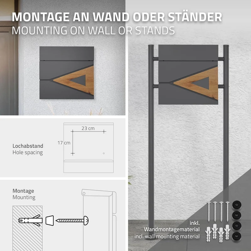 ML-Design Briefkasten 37x36,5x11 cm Anthrazit/Holzoptik aus Stahl, Postkasten mit Zeitungsfach, Absc