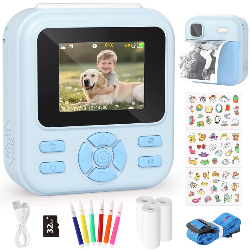 YOHOOLYO Sofortbildkamera Kinder 2,4 Zoll 1080P HD Kinderkamera mit 3 Rollen Druckpapier 32GB Karte