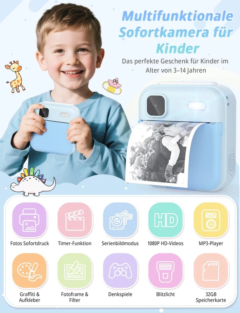 YOHOOLYO Sofortbildkamera Kinder 2,4 Zoll 1080P HD Kinderkamera mit 3 Rollen Druckpapier 32GB Karte