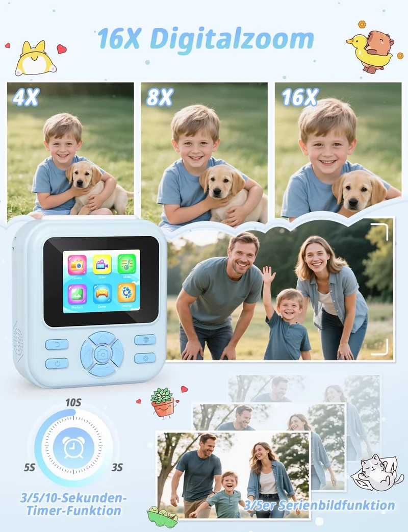 YOHOOLYO Sofortbildkamera Kinder 2,4 Zoll 1080P HD Kinderkamera mit 3 Rollen Druckpapier 32GB Karte