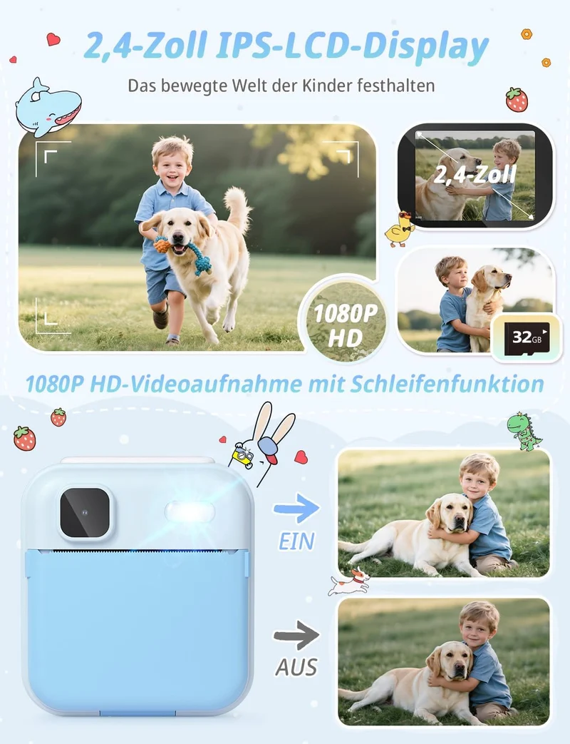 YOHOOLYO Sofortbildkamera Kinder 2,4 Zoll 1080P HD Kinderkamera mit 3 Rollen Druckpapier 32GB Karte