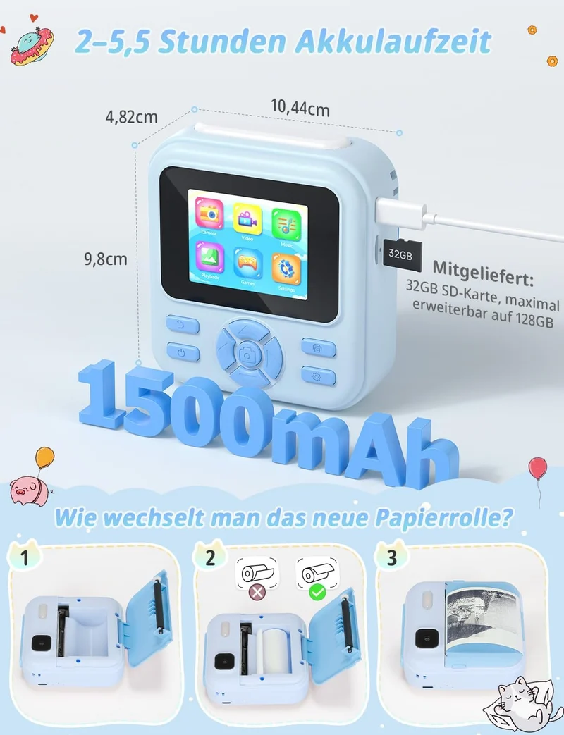 YOHOOLYO Sofortbildkamera Kinder 2,4 Zoll 1080P HD Kinderkamera mit 3 Rollen Druckpapier 32GB Karte