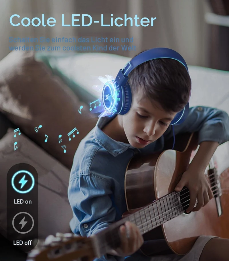 Kinder-Kopfhörer mit LED-Lichtern für die Schule, Upgrade USB Typ C Kid Kopfhörer mit Mikrofon, Laut