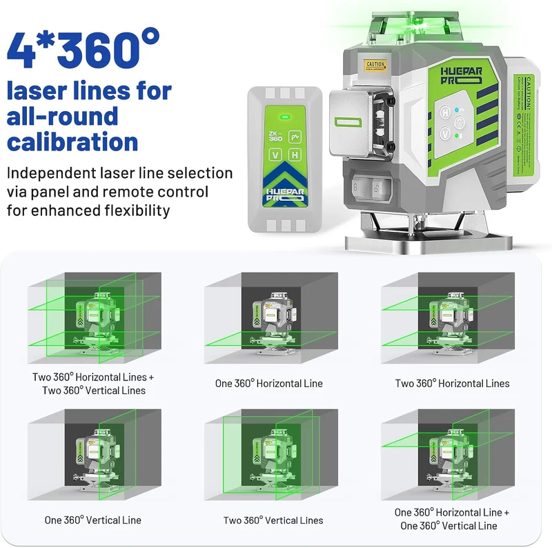 Huepar Pro Kreuzlinienlaser 4 * 360 Grad Selbstnivellierend Grün Laser Wasserwaage, Hochpräzises 4D