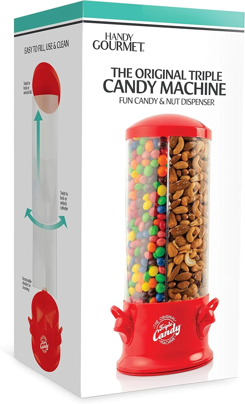 Handy Gourmet The Original Triple Candy Machine Süssigkeiten- und Nussspender, 360 Grad, Rot, 3 Fäch