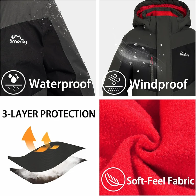 Kinder Schneeanzug für Jungen, Winter-Skijacke & Hose, Set Kapuzenriemen, Winddicht, Wasserdicht, Wa