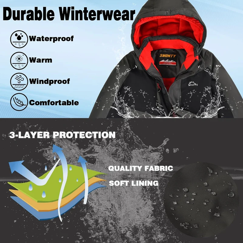 Kinder Schneeanzug für Jungen, Winter-Skijacke & Hose, Set Kapuzenriemen, Winddicht, Wasserdicht, Wa