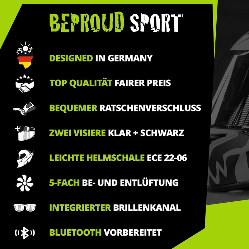 Broken Head BeProud Sport Motorradhelm Mit 2 Visieren (Klar + Schwarz) - Integralhelm M (57-58 cm) B