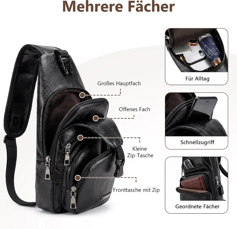 VARLIVOO Herren Sling Bag mit USB Port Brusttasche für Herren Schultertasche Fitness Radfahren Hikin