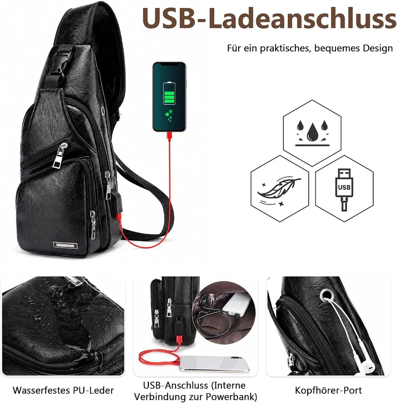 VARLIVOO Herren Sling Bag mit USB Port Brusttasche für Herren Schultertasche Fitness Radfahren Hikin