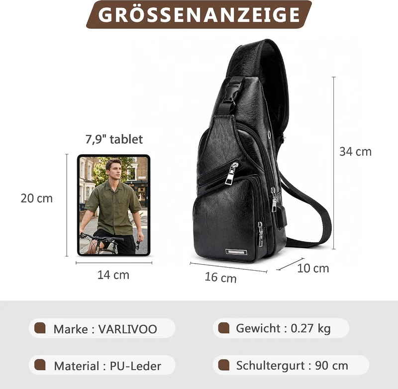 VARLIVOO Herren Sling Bag mit USB Port Brusttasche für Herren Schultertasche Fitness Radfahren Hikin