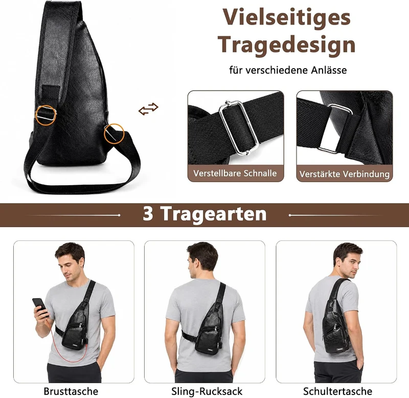 VARLIVOO Herren Sling Bag mit USB Port Brusttasche für Herren Schultertasche Fitness Radfahren Hikin