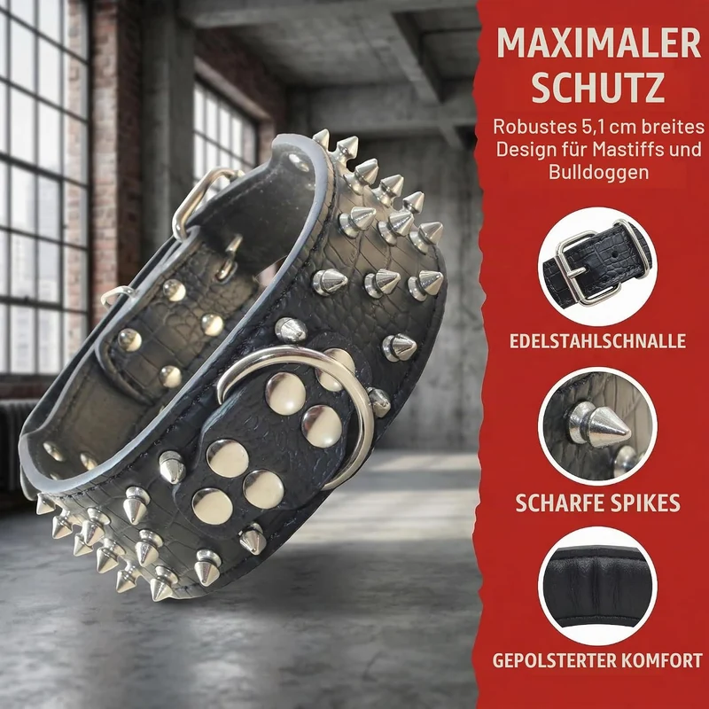 haoyueer Hundehalsband, Leder, mit Stacheln, Nieten, 5,1 cm breit, stilvolles Leder-Hundehalsband fü