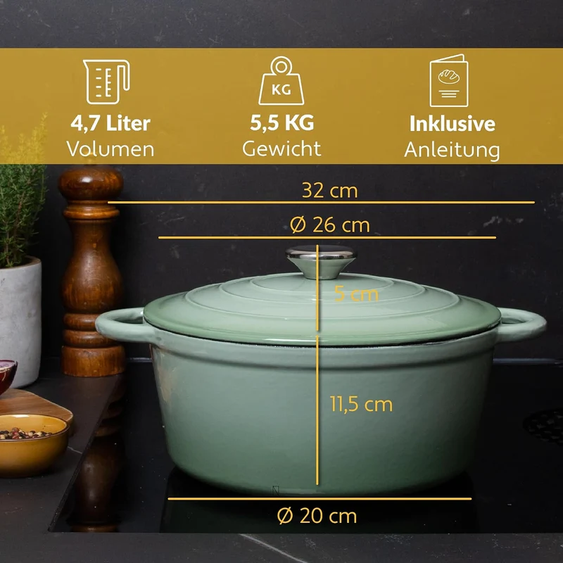 Chefarone Gusseisen Topf 26 cm 4,7 L emailliert - Schmortopf mit Deckel Induktion - Gusseisen Bräter