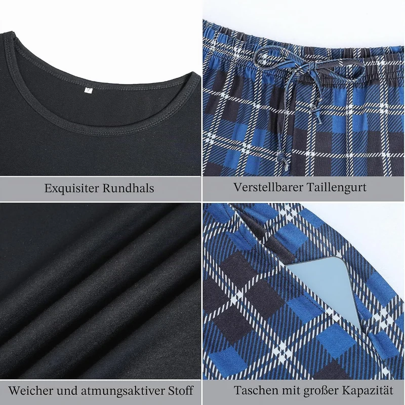 Schlafanzug Herren Kurz aus Baumwolle mit Kontraststreifen Design, Sommer Pyjama Set Oberteile und K