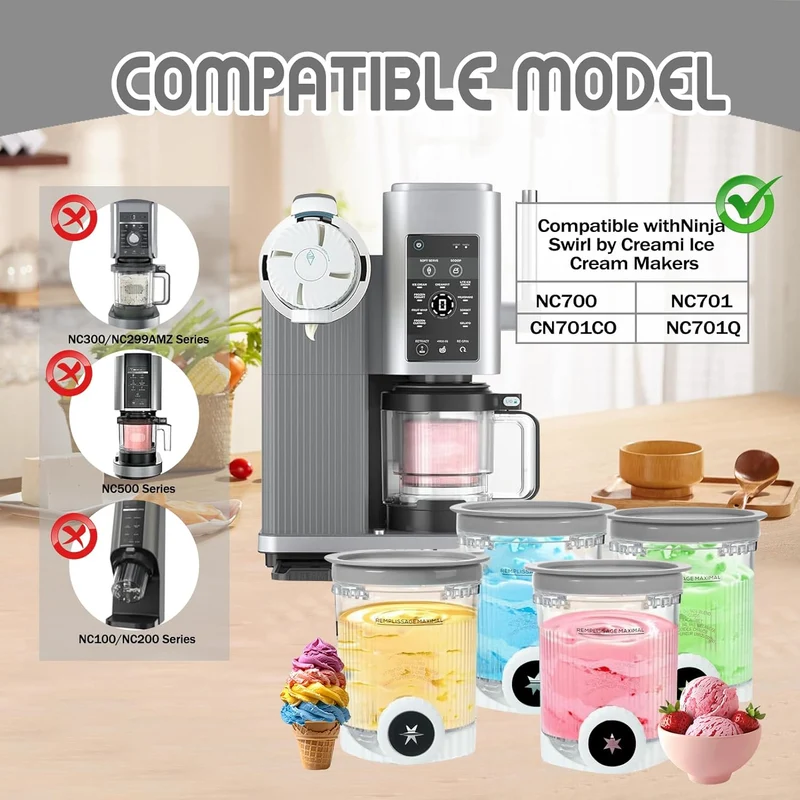 4 Stück Ersatz für Ninja Creami Swirl Behälter NC701EU 480ML BPA-Frei und Spülmaschinenfest Becher k