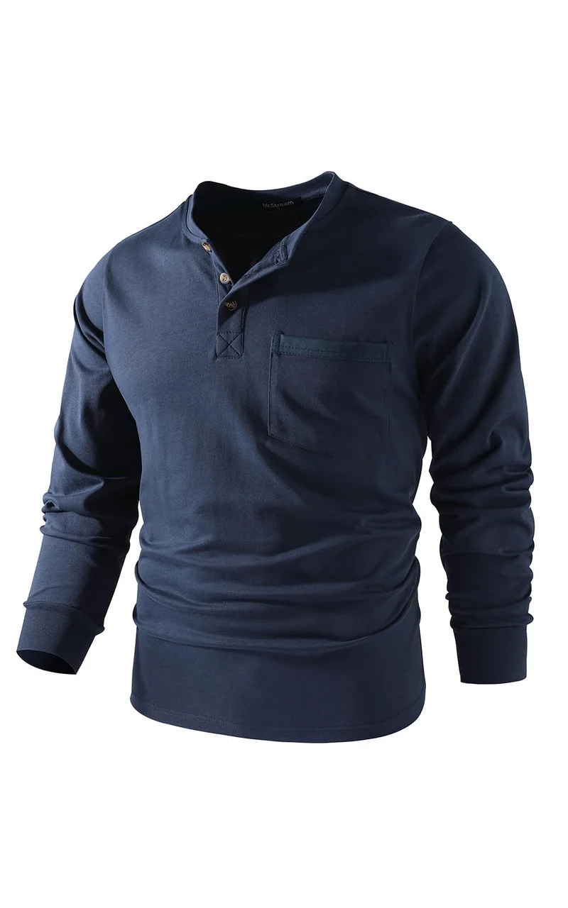 Mr.Stream Herren Henley Shirt Longsleeve Langarmshirt Männer DREI Taste Knopfleiste Baumwolle Beiläu