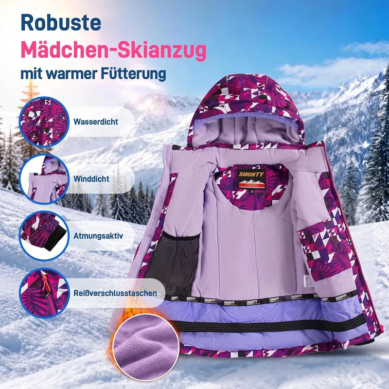 Kinder Schneeanzug für Mädchen Winter Skijacke & Hose Set Kapuzenträger Set Winddicht Wasserdicht Wa