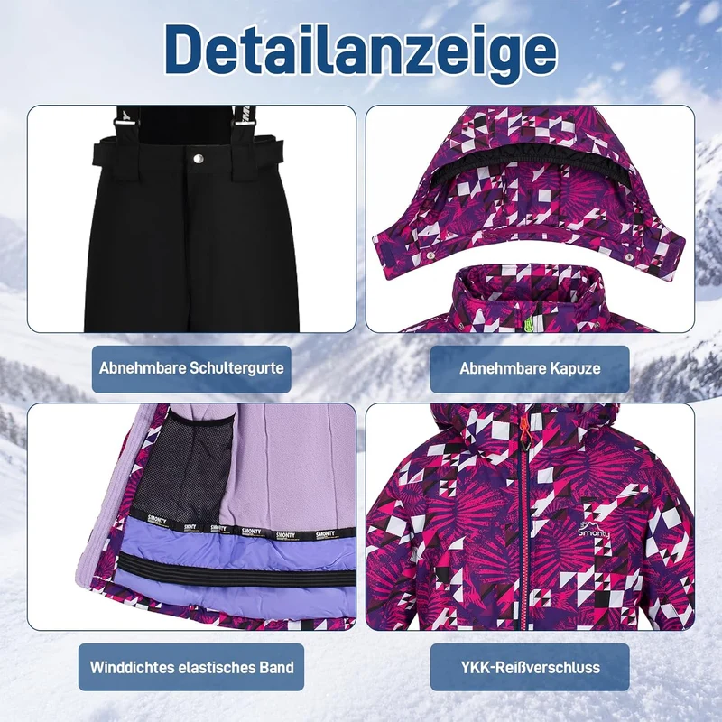 Kinder Schneeanzug für Mädchen Winter Skijacke & Hose Set Kapuzenträger Set Winddicht Wasserdicht Wa