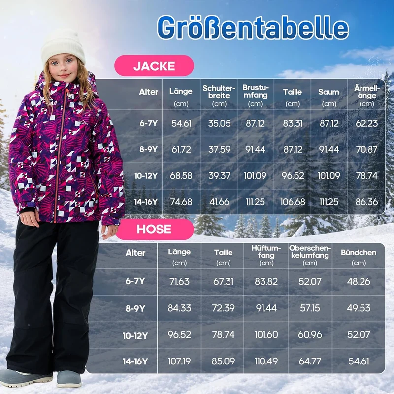 Kinder Schneeanzug für Mädchen Winter Skijacke & Hose Set Kapuzenträger Set Winddicht Wasserdicht Wa