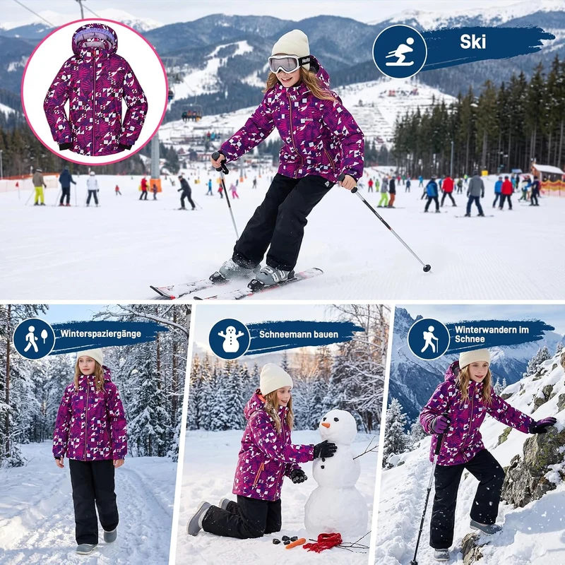 Kinder Schneeanzug für Mädchen Winter Skijacke & Hose Set Kapuzenträger Set Winddicht Wasserdicht Wa