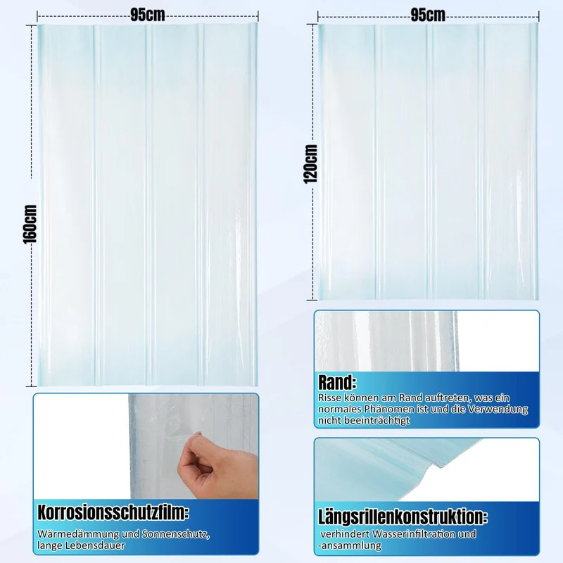 10er Set FRP Trapezblech Wellplatten, Transparent, 90x120cm, 2mm Stärke, UV-beständig, Hagelfest, We