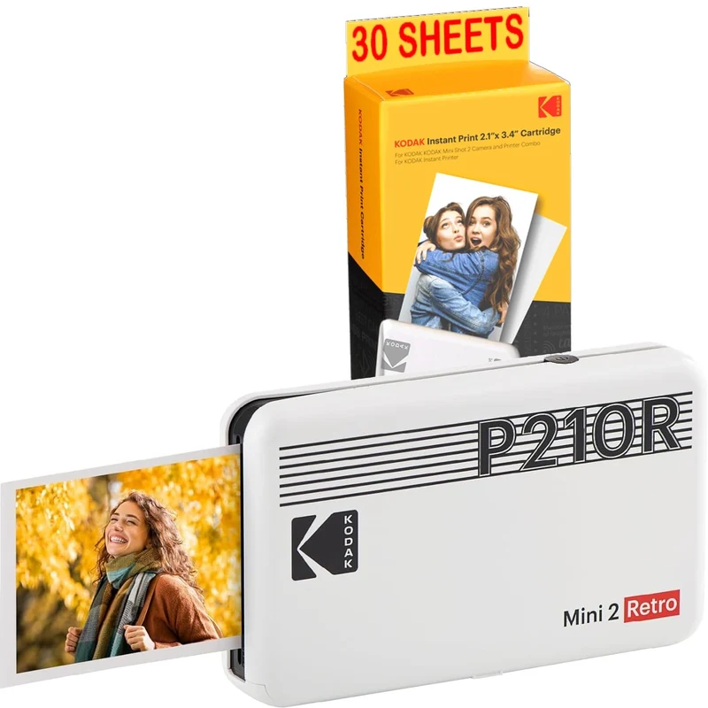 KODAK Mini-Drucker P210 Retro 2 + Kartusche und Papier für 30 Fotos – Drucker mit Bluetooth – Fotos