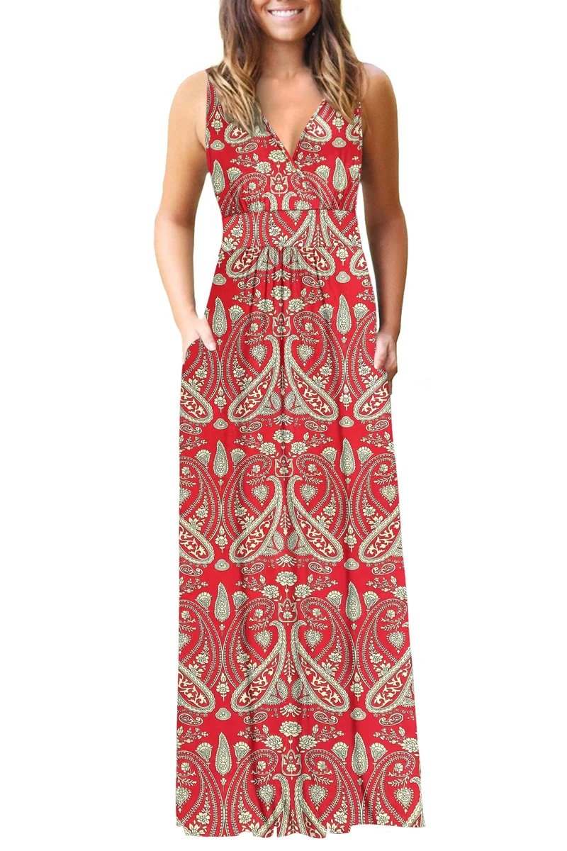 AUSELILY Maxikleid Damen Sommer ärmellos Kleid Lang Elegant tiefem V-Ausschnitt Abendkleid mit Tasch