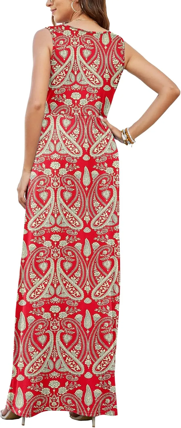 AUSELILY Maxikleid Damen Sommer ärmellos Kleid Lang Elegant tiefem V-Ausschnitt Abendkleid mit Tasch