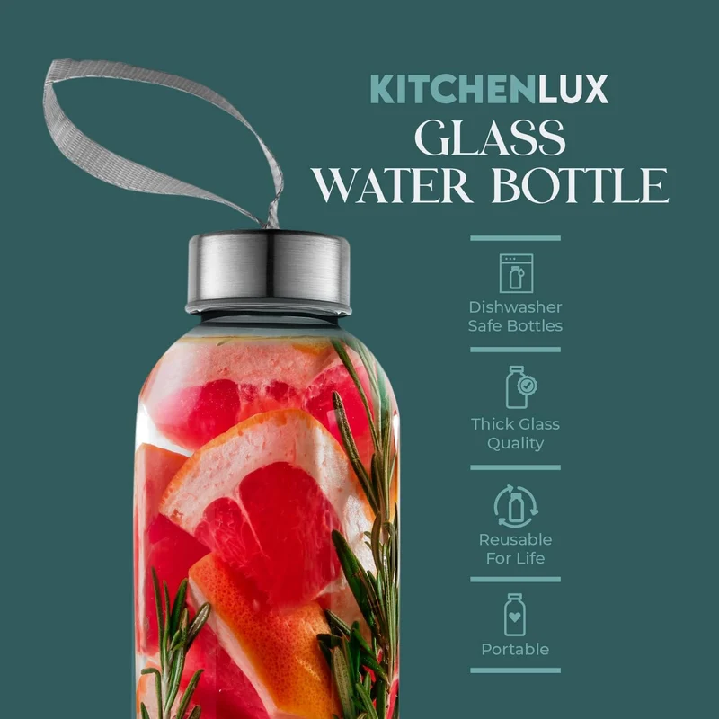 Kitchen Lux 473.6 g Glas-Wasserflaschen, wiederverwendbare Wasserflaschen mit luftdichtem, Edelstahl