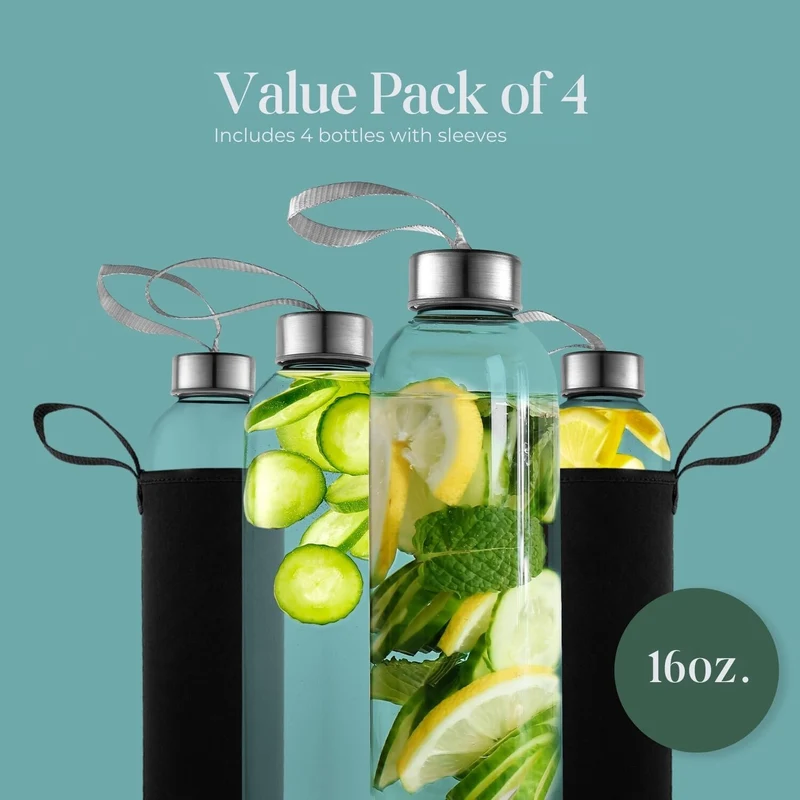 Kitchen Lux 473.6 g Glas-Wasserflaschen, wiederverwendbare Wasserflaschen mit luftdichtem, Edelstahl