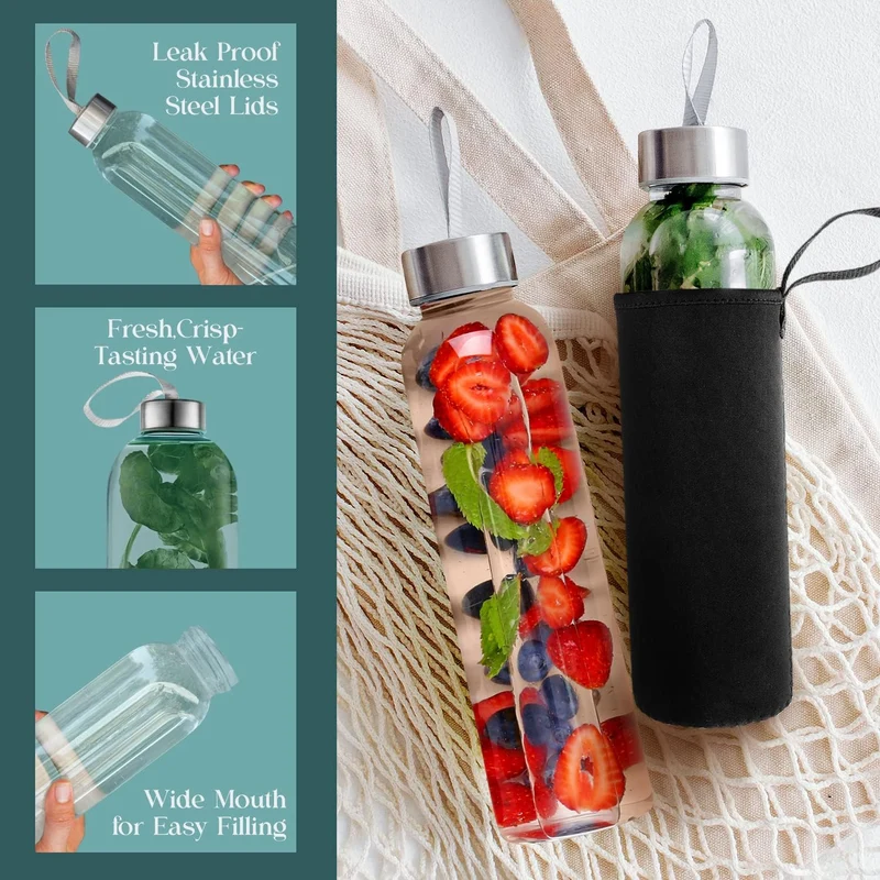 Kitchen Lux 473.6 g Glas-Wasserflaschen, wiederverwendbare Wasserflaschen mit luftdichtem, Edelstahl