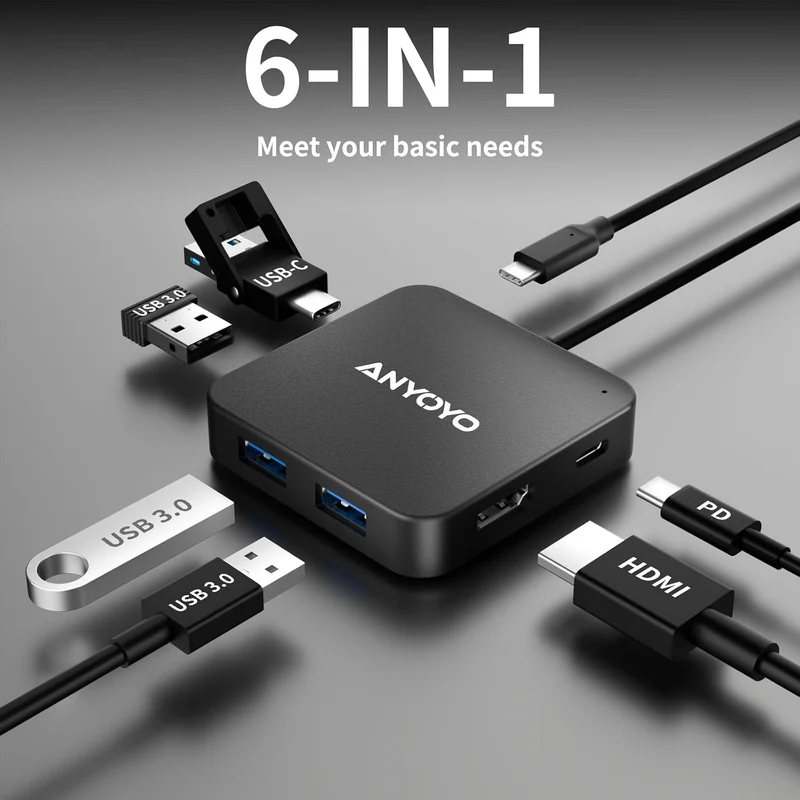 USB C Hub, 120cm 6-in-1 USB C auf HDMI Adapter mit 4K-HDMI, 1 USB 3.0 C Datenanschluss, 100W PD Schn