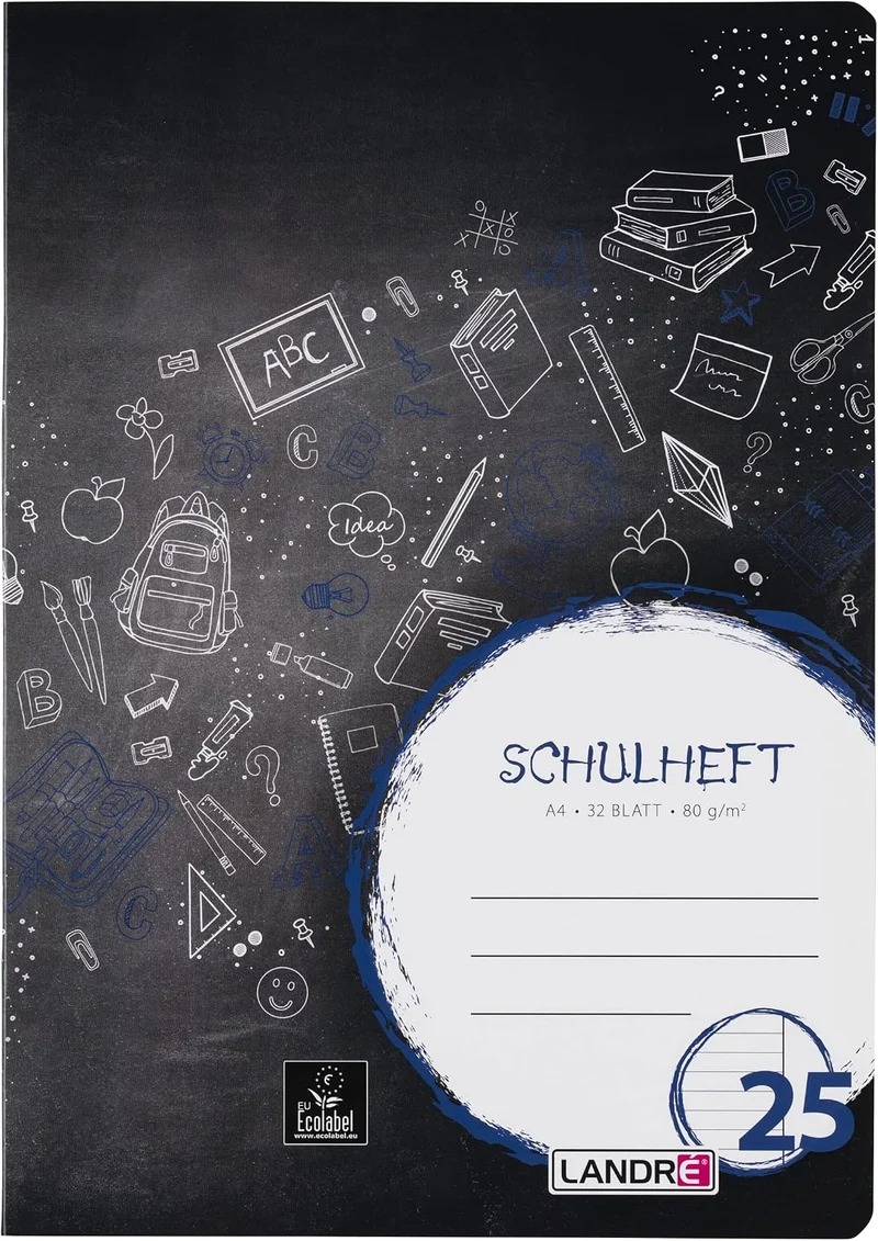 Landré Schulheft A4, 32 Blatt, Lineatur 25, liniert mit Rand, 10 Stück, Lineatur 25