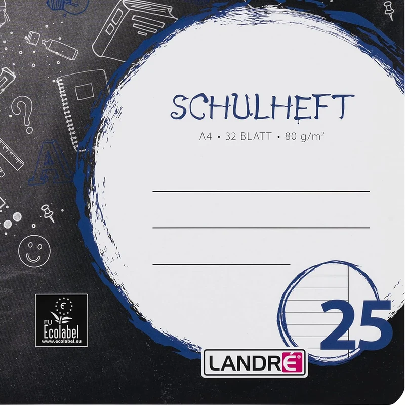 Landré Schulheft A4, 32 Blatt, Lineatur 25, liniert mit Rand, 10 Stück, Lineatur 25