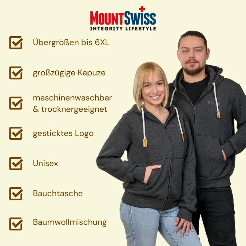 Mount Swiss Herren Damen Sweatjacke Kapuzenjacke Hoodie Leon, Langarm mit Kapuze und Reissverschluss