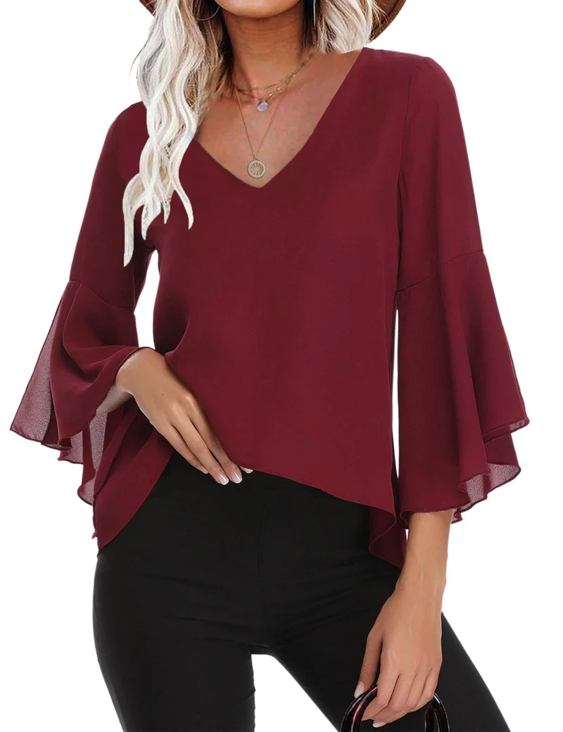 Damen Chiffon Bluse Volantärmeln Tunika 3/4 Arm Elegant Chiffontunika Festlich Chiffon Bluse V Aussc