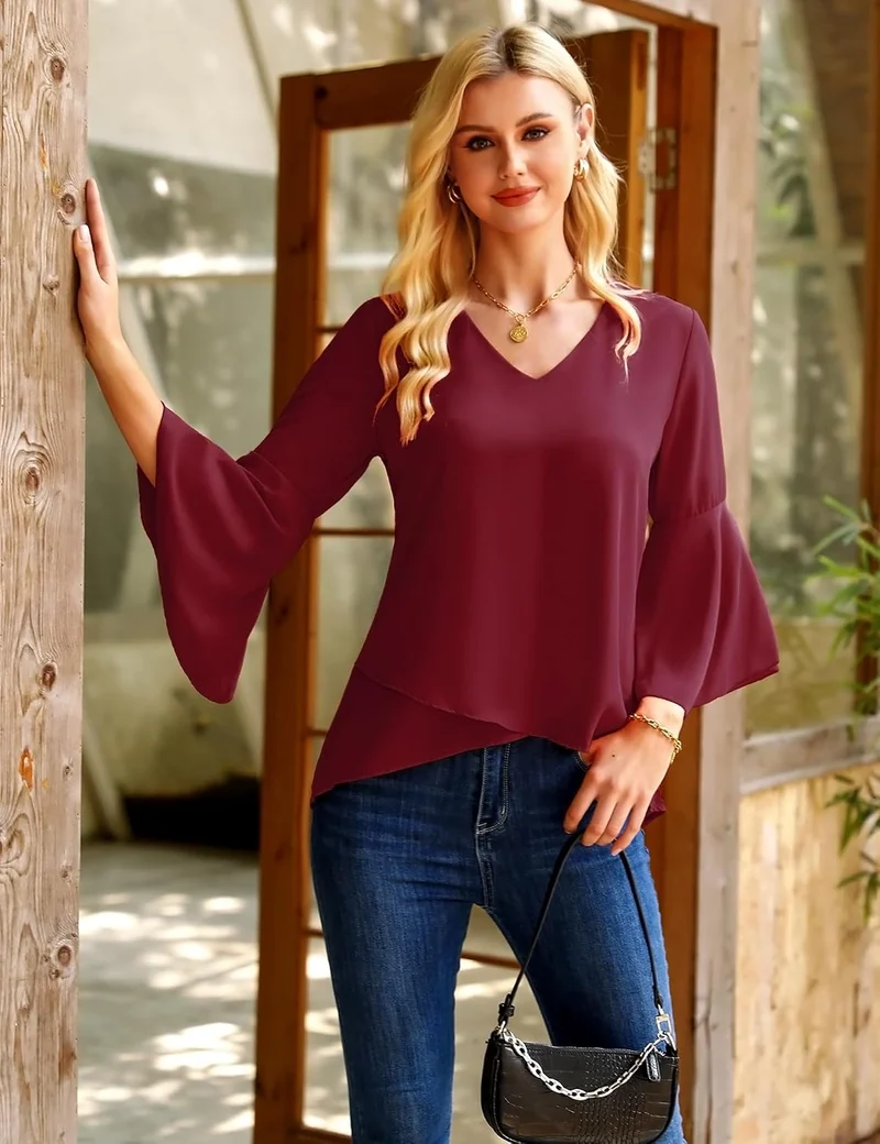 Damen Chiffon Bluse Volantärmeln Tunika 3/4 Arm Elegant Chiffontunika Festlich Chiffon Bluse V Aussc