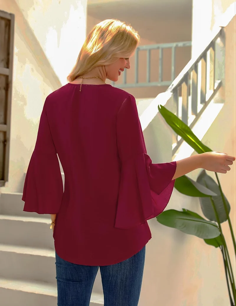 Damen Chiffon Bluse Volantärmeln Tunika 3/4 Arm Elegant Chiffontunika Festlich Chiffon Bluse V Aussc
