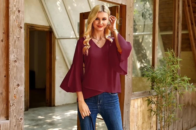 Damen Chiffon Bluse Volantärmeln Tunika 3/4 Arm Elegant Chiffontunika Festlich Chiffon Bluse V Aussc