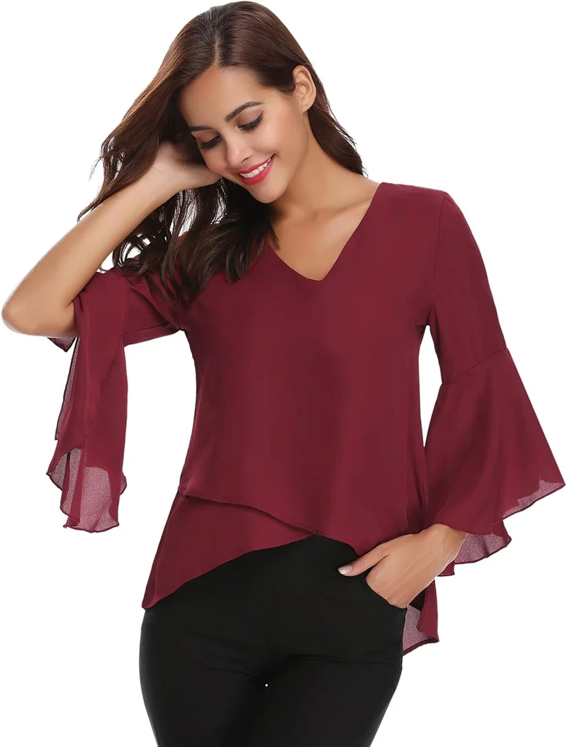 Damen Chiffon Bluse Volantärmeln Tunika 3/4 Arm Elegant Chiffontunika Festlich Chiffon Bluse V Aussc